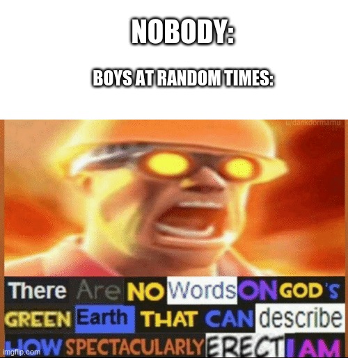 Does this happen to anybody else, or just me | NOBODY:; BOYS AT RANDOM TIMES: | image tagged in there are no words on god's green earth | made w/ Imgflip meme maker