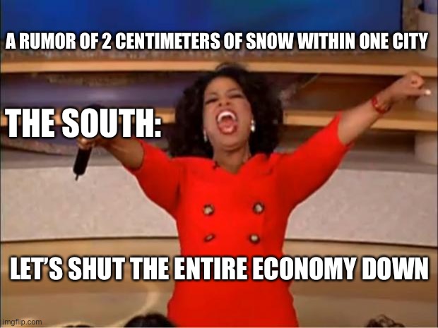 Oprah You Get A Meme | A RUMOR OF 2 CENTIMETERS OF SNOW WITHIN ONE CITY; THE SOUTH:; LET’S SHUT THE ENTIRE ECONOMY DOWN | image tagged in memes,oprah you get a | made w/ Imgflip meme maker