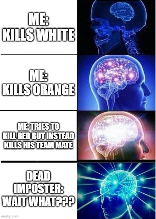 When u kill to fast in among us | ME: KILLS WHITE; ME: KILLS ORANGE; ME: TRIES TO KILL RED BUT INSTEAD KILLS HIS TEAM MATE; DEAD IMPOSTER: WAIT WHAT??? | image tagged in memes,expanding brain | made w/ Imgflip meme maker