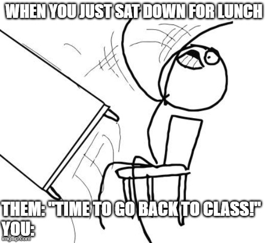 Table Flip Guy Meme | WHEN YOU JUST SAT DOWN FOR LUNCH; THEM: "TIME TO GO BACK TO CLASS!"
YOU: | image tagged in memes,table flip guy | made w/ Imgflip meme maker