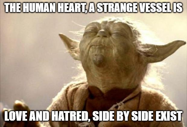 yoda smell | THE HUMAN HEART, A STRANGE VESSEL IS; LOVE AND HATRED, SIDE BY SIDE EXIST | image tagged in yoda smell | made w/ Imgflip meme maker