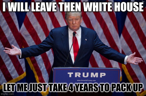 Donald Trump | I WILL LEAVE THEN WHITE HOUSE; LET ME JUST TAKE 4 YEARS TO PACK UP | image tagged in donald trump | made w/ Imgflip meme maker