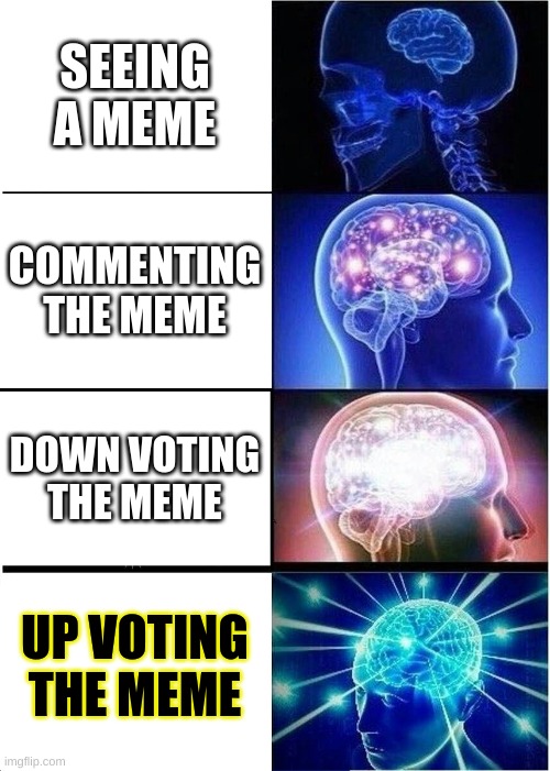 Expanding Brain | SEEING A MEME; COMMENTING THE MEME; DOWN VOTING THE MEME; UP VOTING THE MEME | image tagged in memes,expanding brain | made w/ Imgflip meme maker