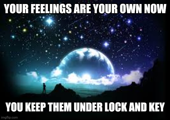 Lyrics again | YOUR FEELINGS ARE YOUR OWN NOW; YOU KEEP THEM UNDER LOCK AND KEY | image tagged in night sky | made w/ Imgflip meme maker