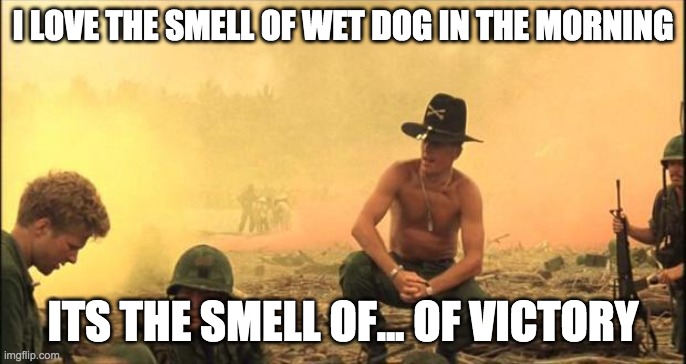 Apocalypse Dog | I LOVE THE SMELL OF WET DOG IN THE MORNING; ITS THE SMELL OF... OF VICTORY | image tagged in i love the smell of napalm in the morning | made w/ Imgflip meme maker