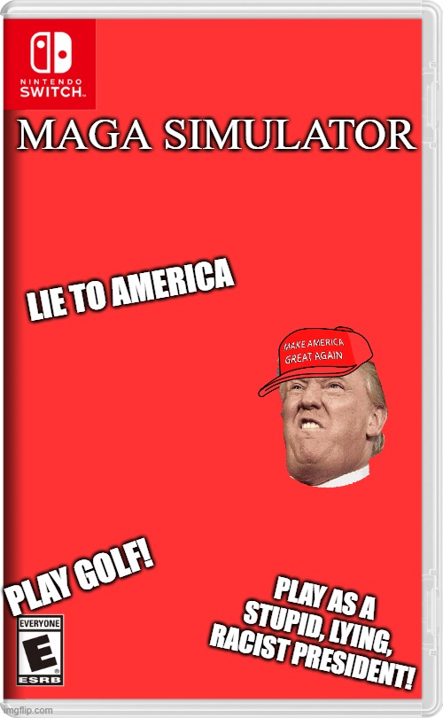 Nintendo Switch | MAGA SIMULATOR; LIE TO AMERICA; PLAY GOLF! PLAY AS A STUPID, LYING, RACIST PRESIDENT! | image tagged in nintendo switch | made w/ Imgflip meme maker