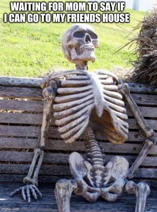 Waiting Skeleton Meme | WAITING FOR MOM TO SAY IF I CAN GO TO MY FRIENDS HOUSE | image tagged in memes,waiting skeleton | made w/ Imgflip meme maker