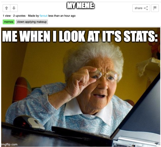 confusion | MY MEME:; ME WHEN I LOOK AT IT'S STATS: | image tagged in confused | made w/ Imgflip meme maker