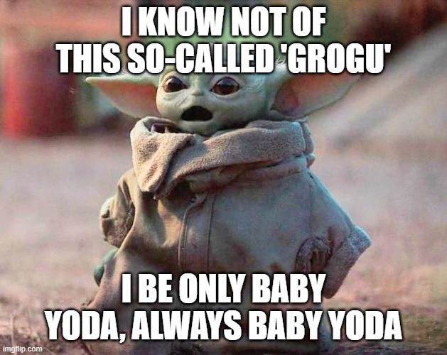 Surprised Baby Yoda | I KNOW NOT OF THIS SO-CALLED 'GROGU'; I BE ONLY BABY YODA, ALWAYS BABY YODA | image tagged in surprised baby yoda | made w/ Imgflip meme maker