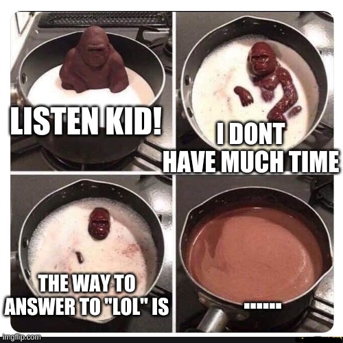 Melting gorilla | LISTEN KID! I DONT HAVE MUCH TIME; ...... THE WAY TO ANSWER TO "LOL" IS | image tagged in melting gorilla | made w/ Imgflip meme maker