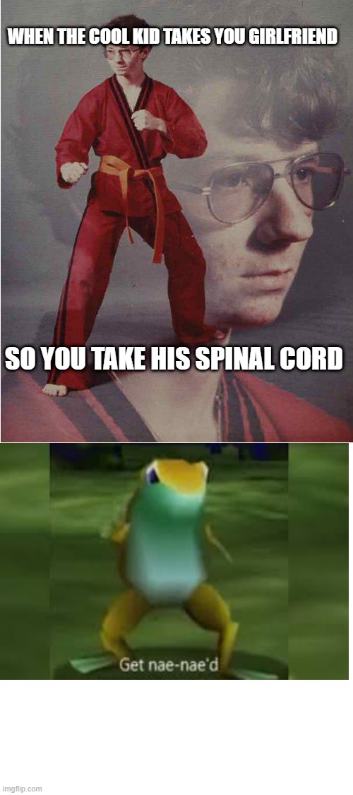 WHEN THE COOL KID TAKES YOU GIRLFRIEND; SO YOU TAKE HIS SPINAL CORD | image tagged in blank white template | made w/ Imgflip meme maker
