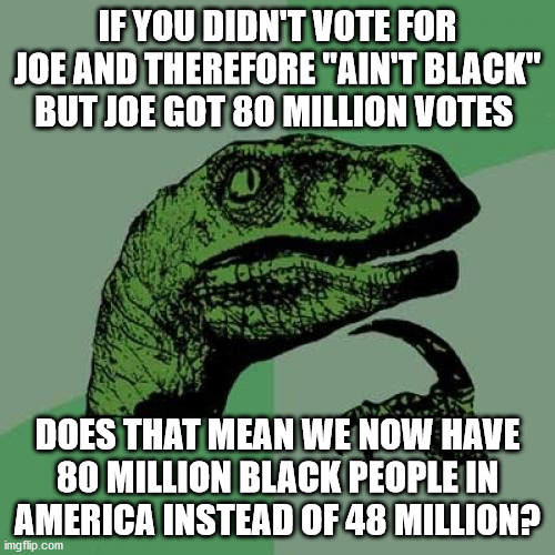 Philosoraptor | IF YOU DIDN'T VOTE FOR JOE AND THEREFORE "AIN'T BLACK"
BUT JOE GOT 80 MILLION VOTES; DOES THAT MEAN WE NOW HAVE 80 MILLION BLACK PEOPLE IN AMERICA INSTEAD OF 48 MILLION? | image tagged in philosoraptor,joe biden,black,voter fraud,election 2020 | made w/ Imgflip meme maker