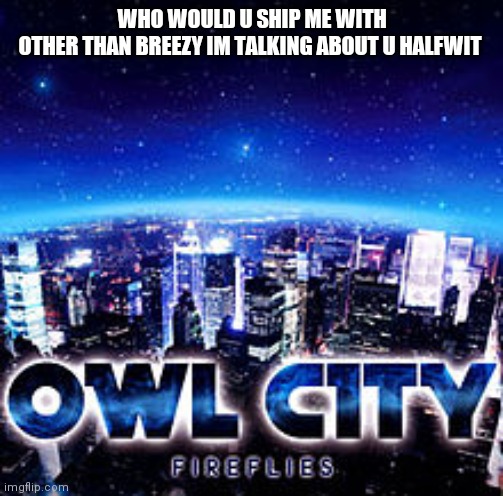 Owl city | WHO WOULD U SHIP ME WITH
OTHER THAN BREEZY IM TALKING ABOUT U HALFWIT | image tagged in owl city | made w/ Imgflip meme maker