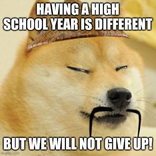 Barkfucius asian Doge Barkfucious | HAVING A HIGH SCHOOL YEAR IS DIFFERENT; BUT WE WILL NOT GIVE UP! | image tagged in barkfucius asian doge barkfucious,memes,doge,funny,gifs,buff doge vs cheems | made w/ Imgflip meme maker