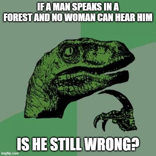 Philosoraptor | IF A MAN SPEAKS IN A FOREST AND NO WOMAN CAN HEAR HIM; IS HE STILL WRONG? | image tagged in memes,philosoraptor | made w/ Imgflip meme maker