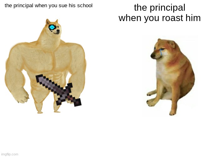 Buff Doge vs. Cheems Meme | the principal when you sue his school; the principal when you roast him | image tagged in memes,buff doge vs cheems | made w/ Imgflip meme maker