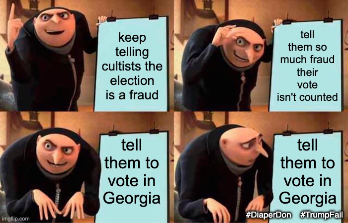 Hey, if you keep telling someone it's a fraud . . . why would they do it again? | tell them so much fraud their vote isn't counted; keep telling cultists the election is a fraud; tell them to vote in Georgia; tell them to vote in Georgia; #DiaperDon    #TrumpFail | image tagged in gru's plan,election,trump,georgia,senate,election fraud | made w/ Imgflip meme maker