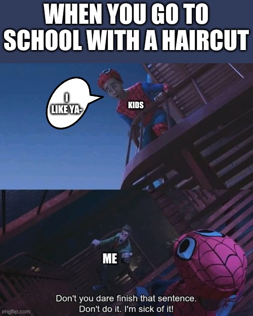 Don't you dare finish that sentence | WHEN YOU GO TO SCHOOL WITH A HAIRCUT; I LIKE YA-; KIDS; ME | image tagged in don't you dare finish that sentence | made w/ Imgflip meme maker