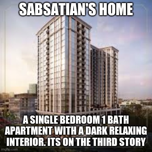 Sabastians Apartment | SABSATIAN'S HOME; A SINGLE BEDROOM 1 BATH APARTMENT WITH A DARK RELAXING INTERIOR. ITS ON THE THIRD STORY | made w/ Imgflip meme maker