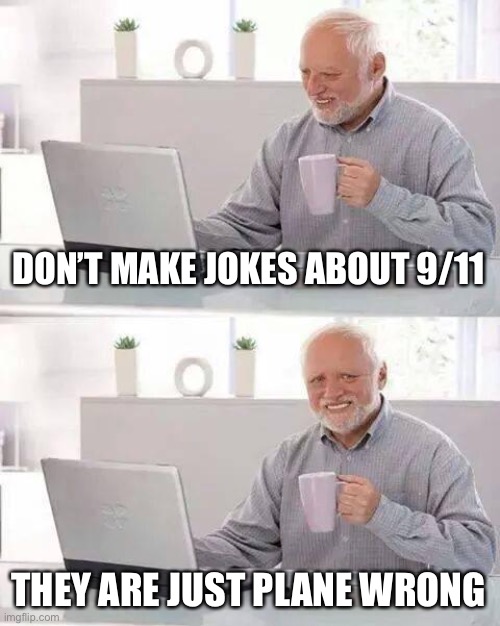 XD | DON’T MAKE JOKES ABOUT 9/11; THEY ARE JUST PLANE WRONG | image tagged in memes,hide the pain harold | made w/ Imgflip meme maker
