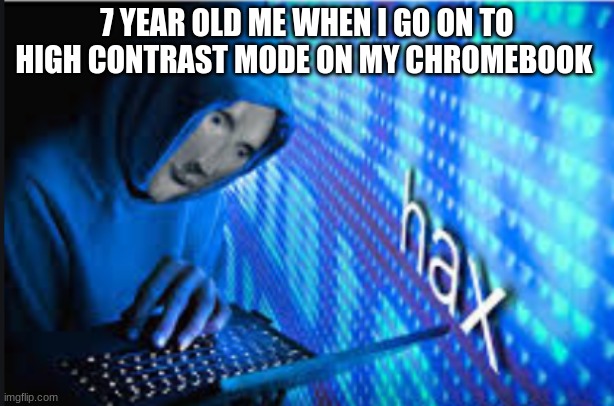 Hax | 7 YEAR OLD ME WHEN I GO ON TO HIGH CONTRAST MODE ON MY CHROMEBOOK | image tagged in hax | made w/ Imgflip meme maker