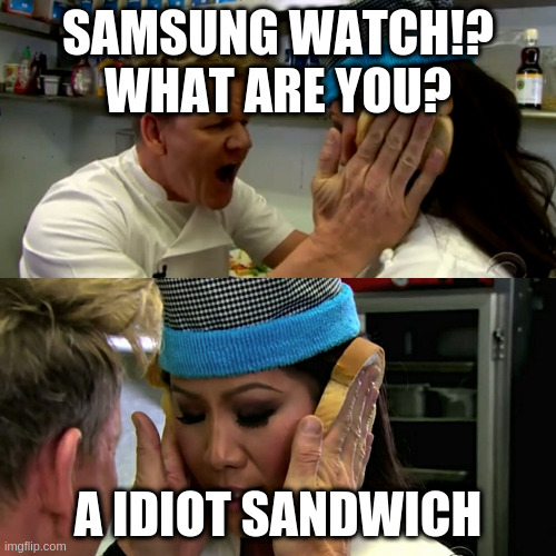 Gordon Ramsay Idiot Sandwich | SAMSUNG WATCH!? WHAT ARE YOU? A IDIOT SANDWICH | image tagged in gordon ramsay idiot sandwich | made w/ Imgflip meme maker