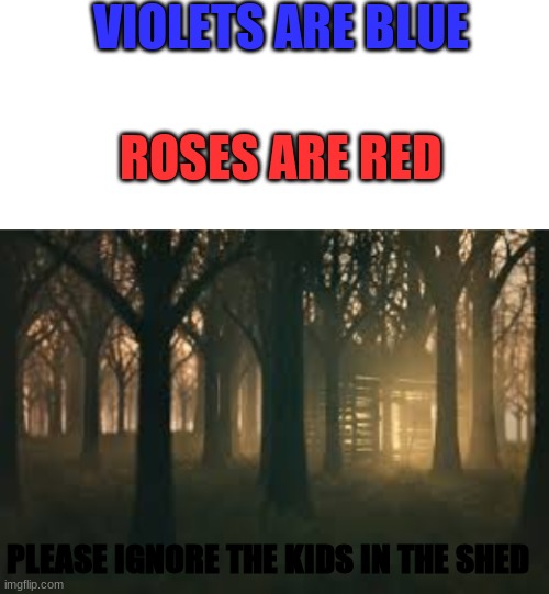 VIOLETS ARE BLUE; ROSES ARE RED; PLEASE IGNORE THE KIDS IN THE SHED | image tagged in blank white template | made w/ Imgflip meme maker