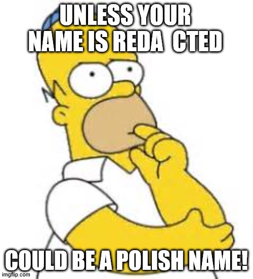 Homer Simpson Hmmmm | UNLESS YOUR NAME IS REDA  CTED COULD BE A POLISH NAME! | image tagged in homer simpson hmmmm | made w/ Imgflip meme maker