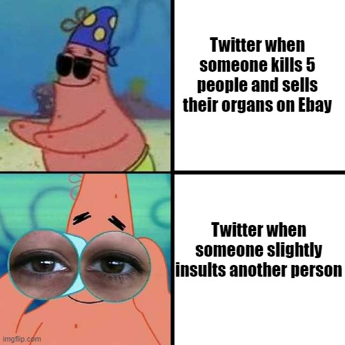 Seriously, why is Twitter so stupid? | Twitter when someone kills 5 people and sells their organs on Ebay; Twitter when someone slightly insults another person | image tagged in patrick star blind | made w/ Imgflip meme maker
