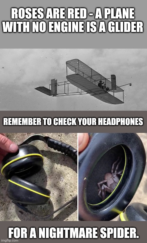 Nope nope no no no no no why god nope | ROSES ARE RED - A PLANE WITH NO ENGINE IS A GLIDER; REMEMBER TO CHECK YOUR HEADPHONES; FOR A NIGHTMARE SPIDER. | image tagged in wright glider | made w/ Imgflip meme maker