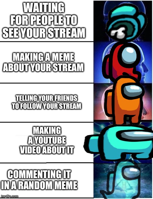 Expanding Brain 5 Panel |  WAITING FOR PEOPLE TO SEE YOUR STREAM; MAKING A MEME ABOUT YOUR STREAM; TELLING YOUR FRIENDS TO FOLLOW YOUR STREAM; MAKING A YOUTUBE VIDEO ABOUT IT; COMMENTING IT IN A RANDOM MEME | image tagged in expanding brain 5 panel | made w/ Imgflip meme maker