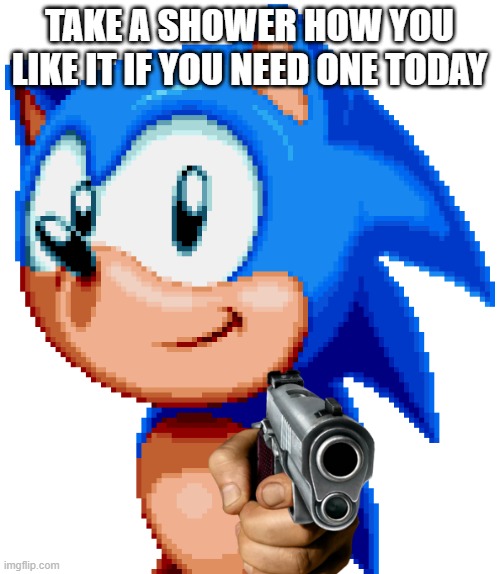 sonic with a gun | TAKE A SHOWER HOW YOU LIKE IT IF YOU NEED ONE TODAY | image tagged in sonic with a gun | made w/ Imgflip meme maker