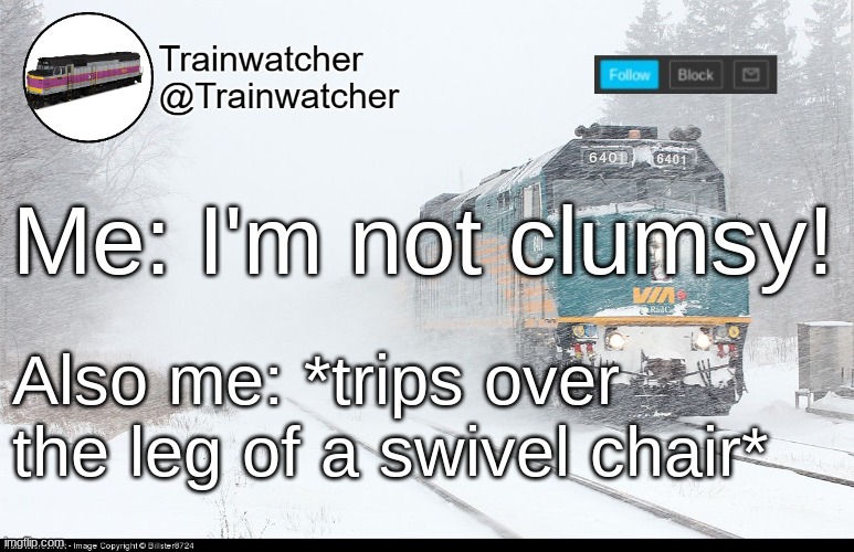 Trainwatcher Announcement 5 | Me: I'm not clumsy! Also me: *trips over the leg of a swivel chair* | image tagged in trainwatcher announcement 5 | made w/ Imgflip meme maker