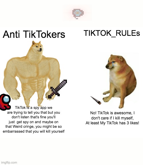 Buff Doge vs. Cheems | Anti TikTokers; TIKTOK_RULEs; TikTok is a spy app we are trying to tell you that but you don't listen that's fine you'll just  get spy on and maybe on that Weird cringe, you might be so embarrassed that you will kill yourself; No! TikTok is awesome, I don't care if I kill myself, At least My TikTok has 3 likes! | image tagged in memes,buff doge vs cheems | made w/ Imgflip meme maker