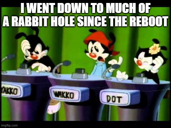 Animaniacs | I WENT DOWN TO MUCH OF A RABBIT HOLE SINCE THE REBOOT | image tagged in animaniacs | made w/ Imgflip meme maker