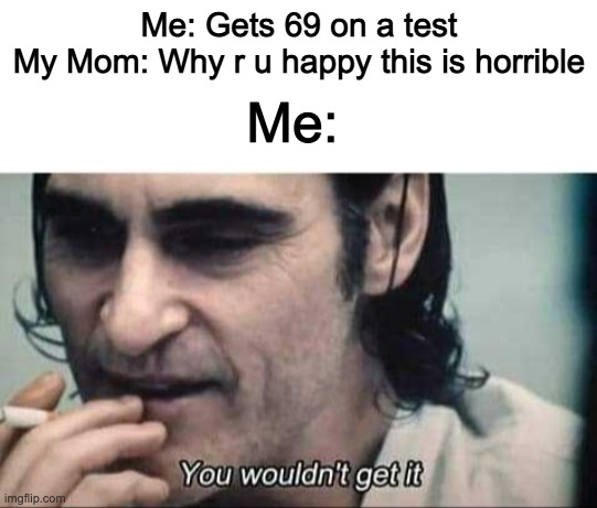 School actually has memes | Me: Gets 69 on a test
My Mom: Why r u happy this is horrible; Me: | image tagged in you wouldn't get it,69 | made w/ Imgflip meme maker