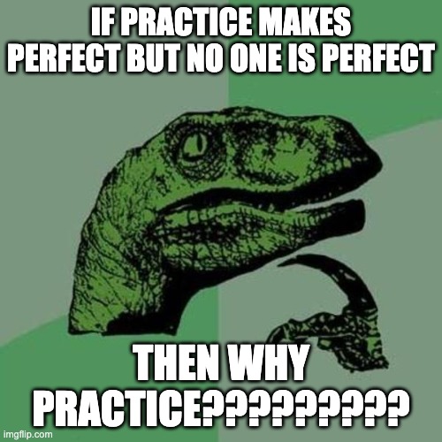 wise boi | IF PRACTICE MAKES PERFECT BUT NO ONE IS PERFECT; THEN WHY PRACTICE????????? | image tagged in raptor | made w/ Imgflip meme maker