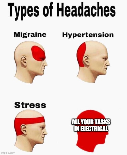 All your stress in electrical | ALL YOUR TASKS IN ELECTRICAL | image tagged in headaches | made w/ Imgflip meme maker