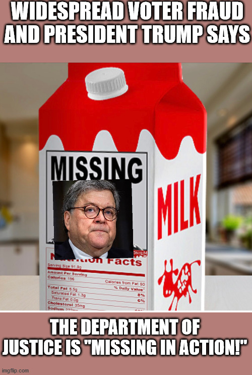 Attorney General Bill Barr is MIA | WIDESPREAD VOTER FRAUD AND PRESIDENT TRUMP SAYS; THE DEPARTMENT OF JUSTICE IS "MISSING IN ACTION!" | image tagged in bill barr,president trump,doj,department of justice,william barr,voter fraud | made w/ Imgflip meme maker