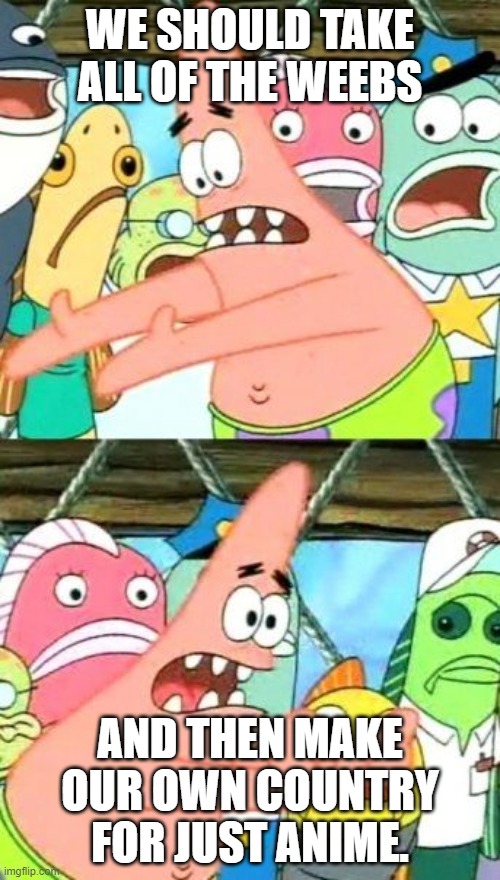 Put It Somewhere Else Patrick | WE SHOULD TAKE ALL OF THE WEEBS; AND THEN MAKE OUR OWN COUNTRY FOR JUST ANIME. | image tagged in memes,put it somewhere else patrick | made w/ Imgflip meme maker