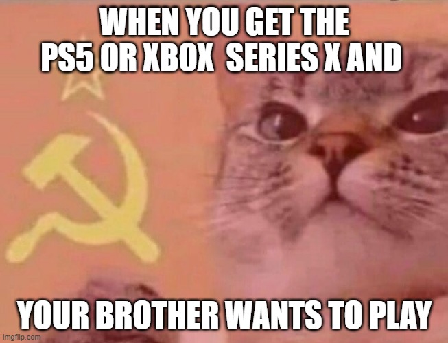 Communist cat |  WHEN YOU GET THE PS5 OR XBOX  SERIES X AND; YOUR BROTHER WANTS TO PLAY | image tagged in communist cat | made w/ Imgflip meme maker