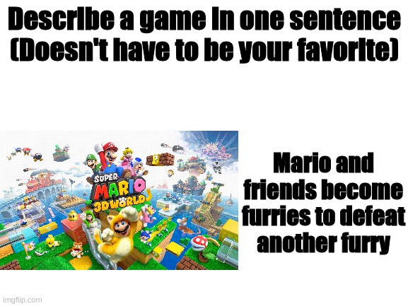 Describe a game in one sentence. | Describe a game in one sentence (Doesn't have to be your favorite); Mario and friends become furries to defeat another furry | image tagged in blank white template | made w/ Imgflip meme maker