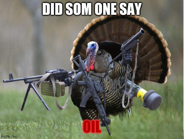 oil | DID SOM ONE SAY; OIL | image tagged in turkey | made w/ Imgflip meme maker