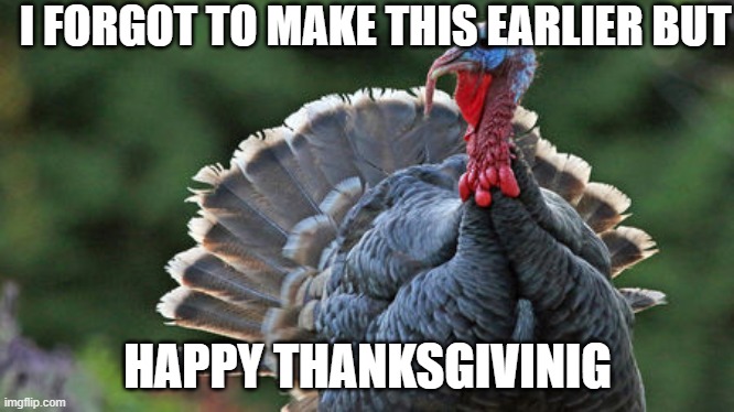 HAPPY THANKSGIVING | I FORGOT TO MAKE THIS EARLIER BUT; HAPPY THANKSGIVINIG | image tagged in turkey | made w/ Imgflip meme maker