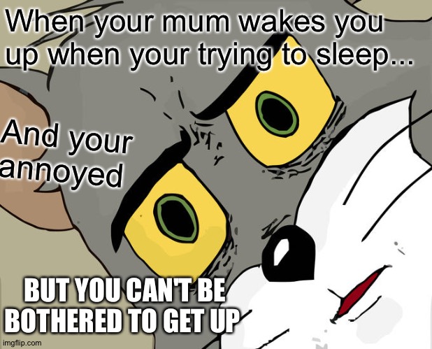 Mums… | When your mum wakes you up when your trying to sleep... And your annoyed; BUT YOU CAN'T BE BOTHERED TO GET UP | image tagged in memes,unsettled tom | made w/ Imgflip meme maker