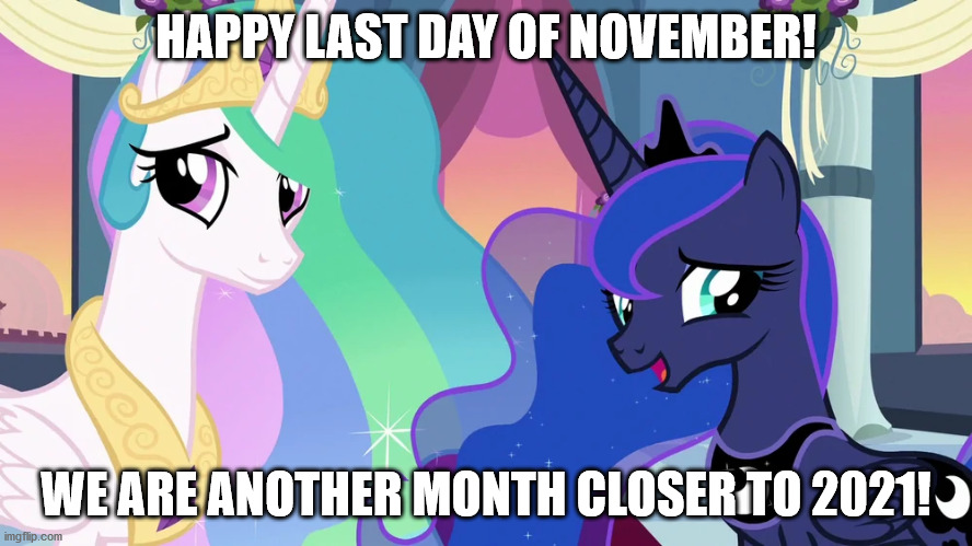 *the final countdown plays* | HAPPY LAST DAY OF NOVEMBER! WE ARE ANOTHER MONTH CLOSER TO 2021! | image tagged in mlp,princess celestia,princess luna,2020 sucks,memes | made w/ Imgflip meme maker