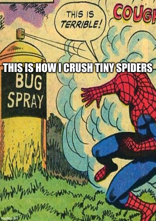 goodbye spiderboi | THIS IS HOW I CRUSH TINY SPIDERS | image tagged in spiderman | made w/ Imgflip meme maker