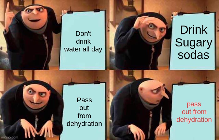importance of drinking water | Don't drink water all day; Drink Sugary sodas; Pass out from dehydration; pass out from dehydration | image tagged in memes,gru's plan | made w/ Imgflip meme maker
