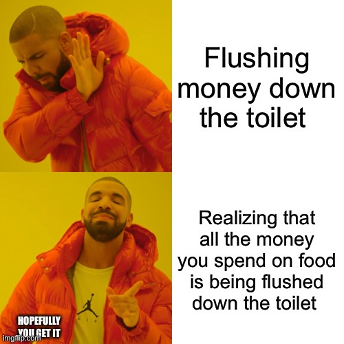 Eeeee | Flushing money down the toilet; Realizing that all the money you spend on food is being flushed down the toilet; HOPEFULLY YOU GET IT | image tagged in memes,drake hotline bling,money,food | made w/ Imgflip meme maker