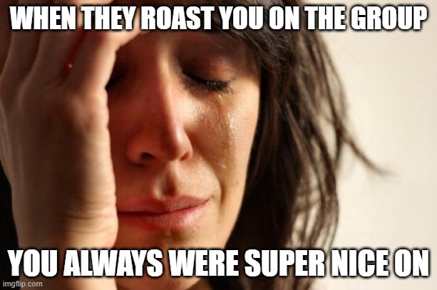 This World Problems | WHEN THEY ROAST YOU ON THE GROUP; YOU ALWAYS WERE SUPER NICE ON | image tagged in memes,first world problems | made w/ Imgflip meme maker